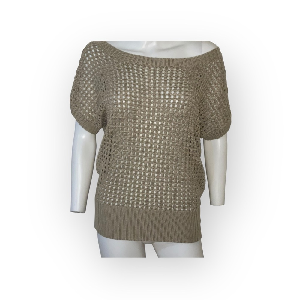 Womens Liv On Tan Beige Boho Y2K crochet  sweater short sleeve size L